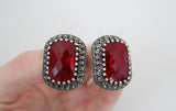 Earrings marcasite sterling silver 925 rectangle red lab topaz and white zircons