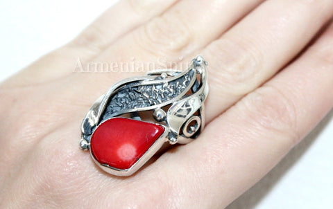 Sterling silver 925 Ring natural red coral bamboo gemstone One of a kind