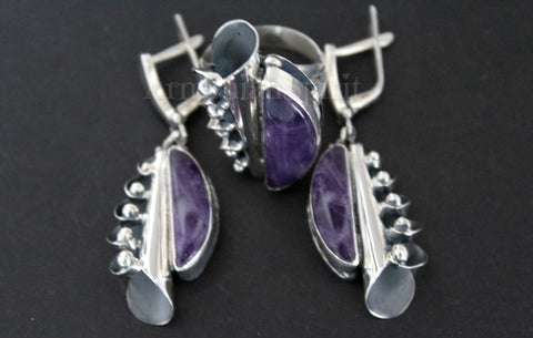 Real Amethyst earrings and ring  purple  jewelry STERLING SILVER 925