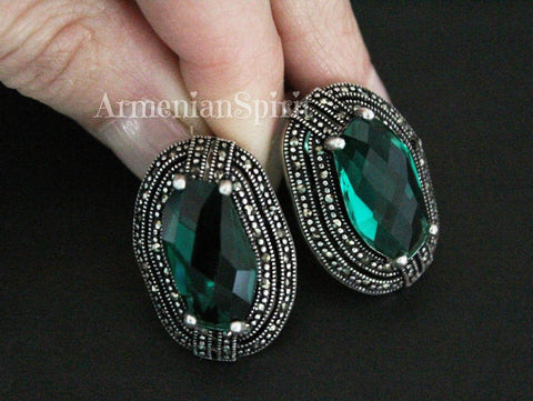Emerald green short earrings marcasite SILVER 925 small jewelry