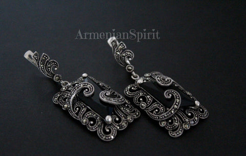 Black earrings Sterling silver 925 Luxury jewelry marcasite