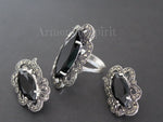 Earrings and ring sterling silver 925 marcasite jewelry Black topaz