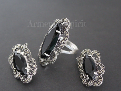 Earrings and ring sterling silver 925 marcasite jewelry Black topaz