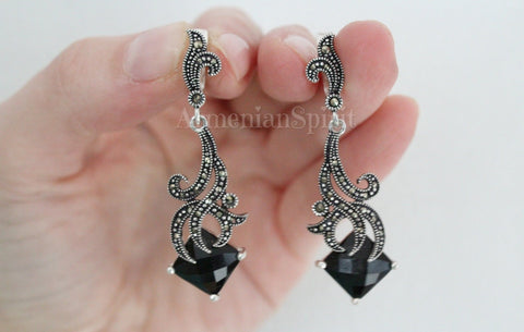 Black stone dangle earrings sterling silver 925 Marcasite