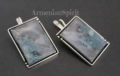 Silver earrings 925 women green moss agate gemstone Rectangle