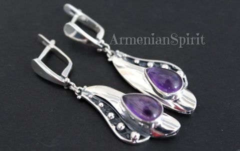 Amethyst earrings long Sterling silver 925 One of a kind