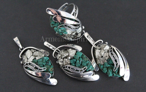 Set Earrings ring pendant Silver 925 Natural Pyrite golden druzy green malachite