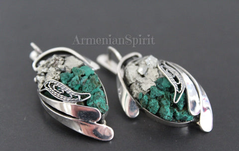 Earrings Sterling Silver 925 Natural Pyrite golden druzy green malachite jewelry