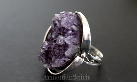 Real amethyst druse Ring adjustable Armenian handmade jewelry Sterling silver 925