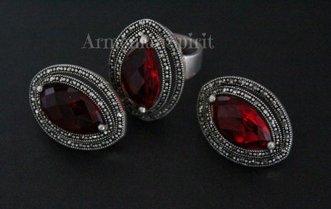 Earrings and ring sterling silver 925 Red topaz small