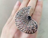 Large earrings and ring Sterling silver 925 semi circle Black stone onyx