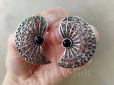 Very large earrings Sterling silver 925 semi circle with black stone onyx