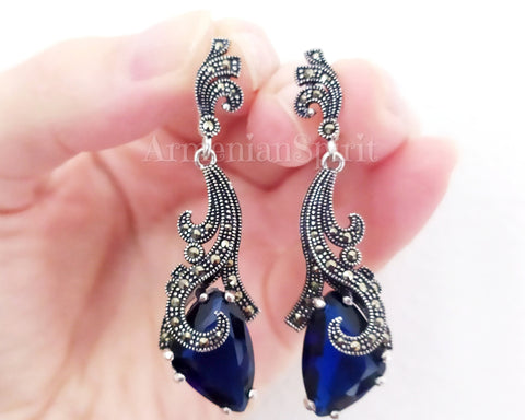 Marcasite earrings SILVER 925  blue lab topaz jewelry