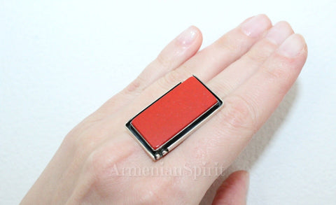 NATURAL red coral ring Rectangle Vintage style STERLING SILVER 925