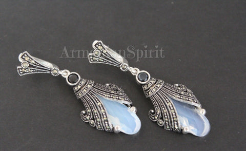 Earrings Sterling silver 925 marcasite Natural black onyx and artificial white stone