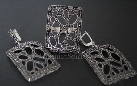 SET jewelry 925 SILVER Marcasite Large ring earrings