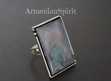 Moss agate green RING sterling silver 925 Rectangle jewelry