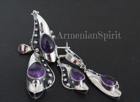 Sterling silver SET Earrings ring pendant 925 natural purple amethyst