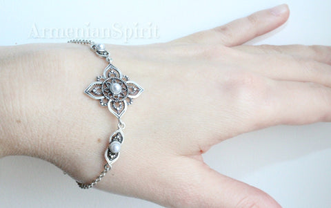 Bracelet sterling silver 925 White lab created pearl Flower Armenian handmade