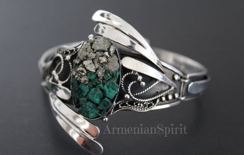 Silver 925 bracelet large With gemstone malachite green and pyrite gold Druse