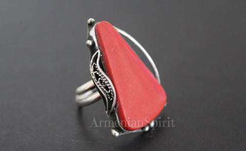 NATURAL red coral ring Vintage style STERLING SILVER 925