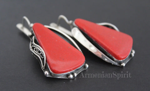 NATURAL red coral earrings STERLING SILVER 925