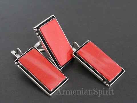NATURAL red coral earrings ring Rectangle STERLING SILVER 925