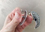 Very large earrings Sterling silver 925 semi circle with black stone onyx