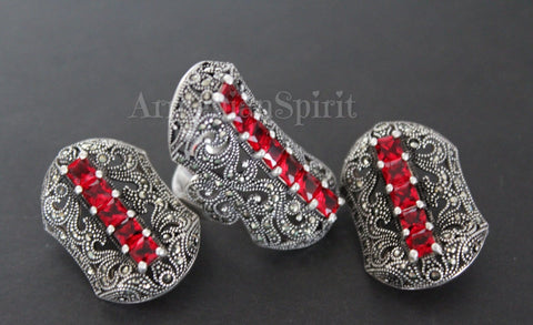 Earrings and ring Sterling silver 925 marcasite with red topaz stones