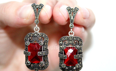 Earrings Sterling Silver 925 with red topaz stone