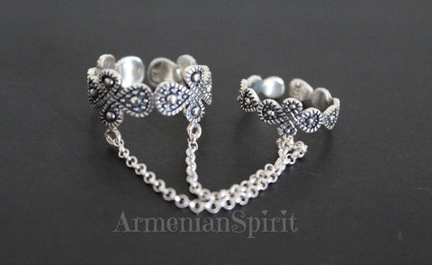 Armenian double ring with small flowers Sterling silver 925