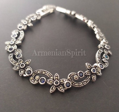 Women bracelet SILVER 925 Marcasite Royal blue navy stones
