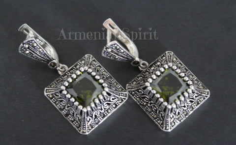 Earrings dangle SILVER 925 marcasite jewelry grass green