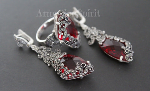 Red ring earrings triangle Marcasite Silver 925