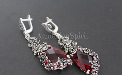 Red topaz earrings long Marcasite Silver 925
