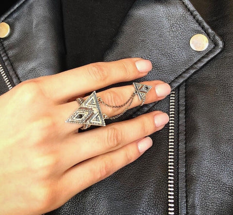 Armenian jewelry Double ring with chain Silver 925 Adjustable Ethnic