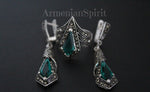 Emerald green stone Earrings and ring Silver 925 marcasite