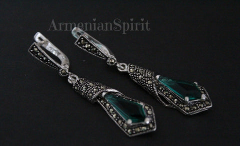 Emerald green stone Silver 925 marcasite Luxury Marcazite