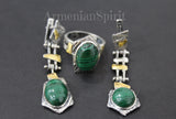 Earrings and ring Malachite cabochon Silver 925