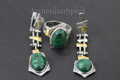 Earrings and ring Malachite cabochon Silver 925