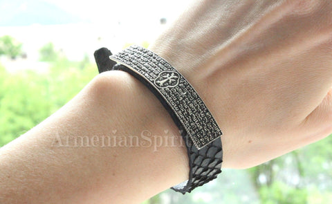 Men bracelet Armenian prayer black genuine leather, Sterling silver 925
