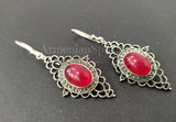 Earrings Dangle Long Hooked Silver 925 red stone
