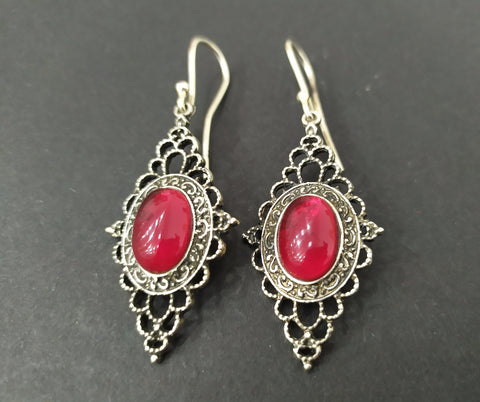 Earrings Dangle Long Hooked Silver 925 red stone