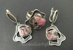 Set Silver 925 Adjustable ring and Dangle earrings gemstone pink rhodonite