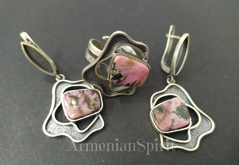 Set Silver 925 Adjustable ring and Dangle earrings gemstone pink rhodonite
