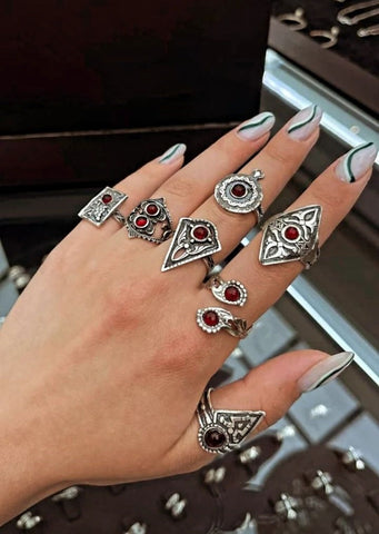 Set of 7 rings Sterling silver 925 Adjustable With artificial red stones