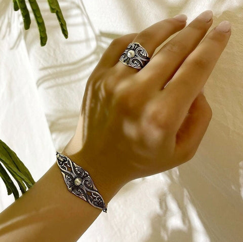 Bracelet and ring Sterling silver 925 with artificial white pearl