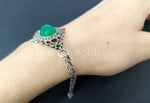 Sterling silver 925 two chains bracelet for women with green natural cabochon jadeite