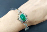 Sterling silver 925 two chains bracelet for women with green natural cabochon jadeite