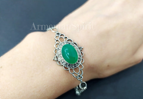 Sterling silver 925 two chains bracelet for women with green natural cabochon jadeite